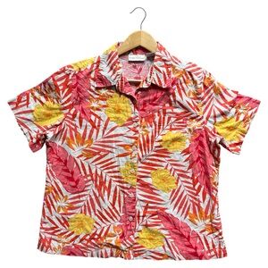 SunBay Cotton Linen Tropical Orange Yellow Floral Palm Women’s Button Up Medium